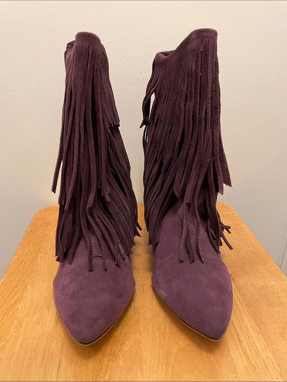 Lilliana Tesla-1 Fringe Wedge Booties - Plum Purple - New in Box Size 8